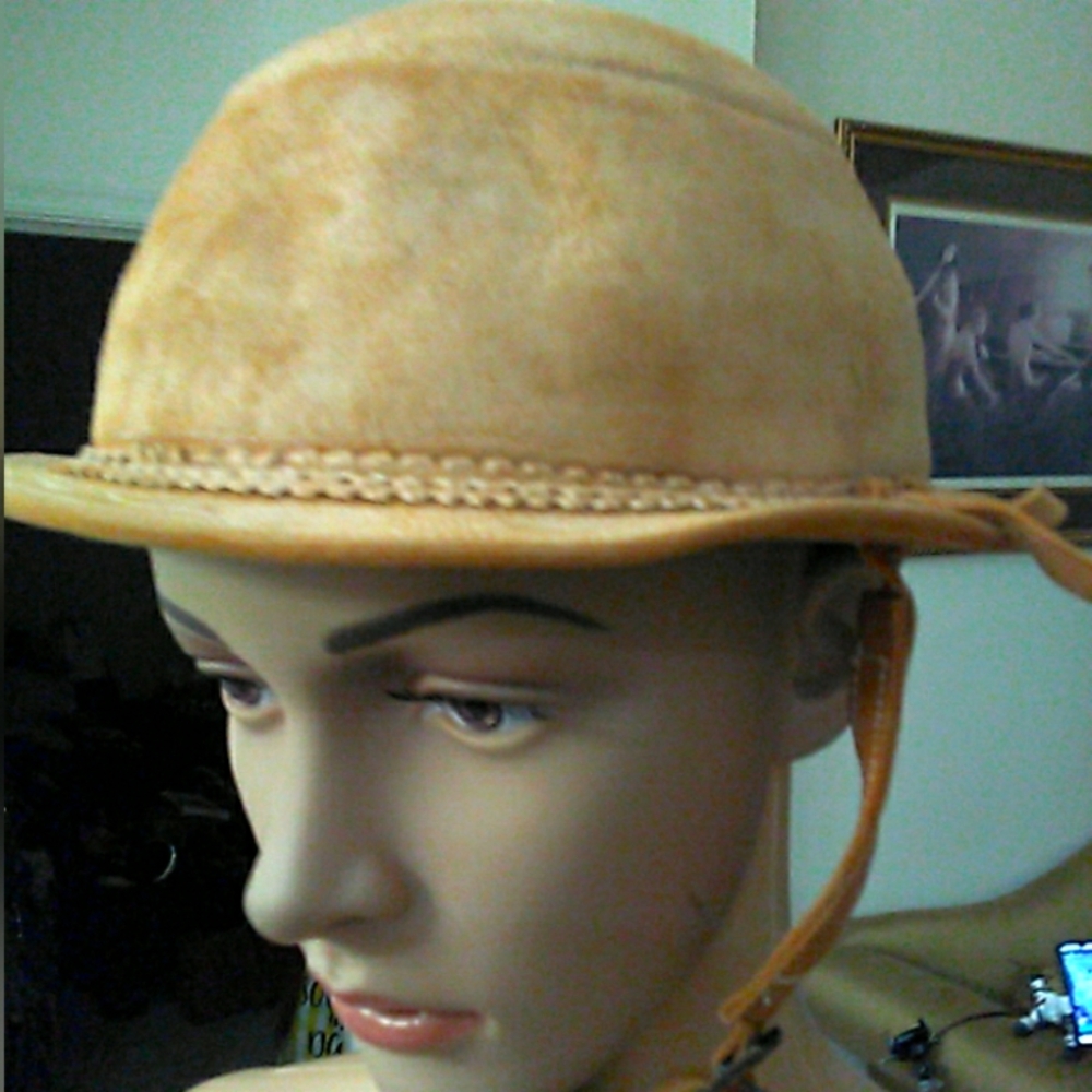 ANTIQUE/ VINTAGE LEATHER BOWLER HAT HANDMADE W/ STRAP ADJ. DECORATIVE BRIM - Picture 12 of 15